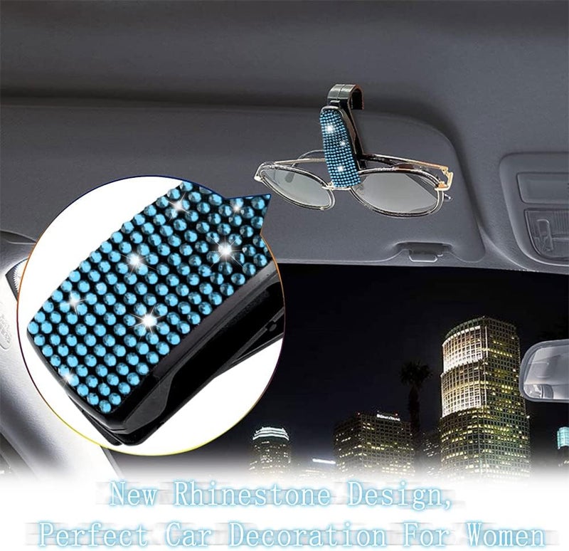 Turcee Set of 2 Bling Rhinestone Car Sun Visor Glasses Holders with Anti-Scratch Sponge,Car Decoration for Women Girls,Ticket Card Clip Visor Organizer (Lake Blue) - Image 3